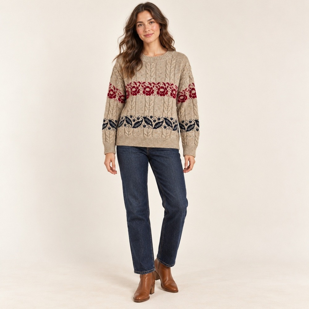 French Navy Vintage Sweater Womens Petite S Fair Isle Cable Knit Cottagecore